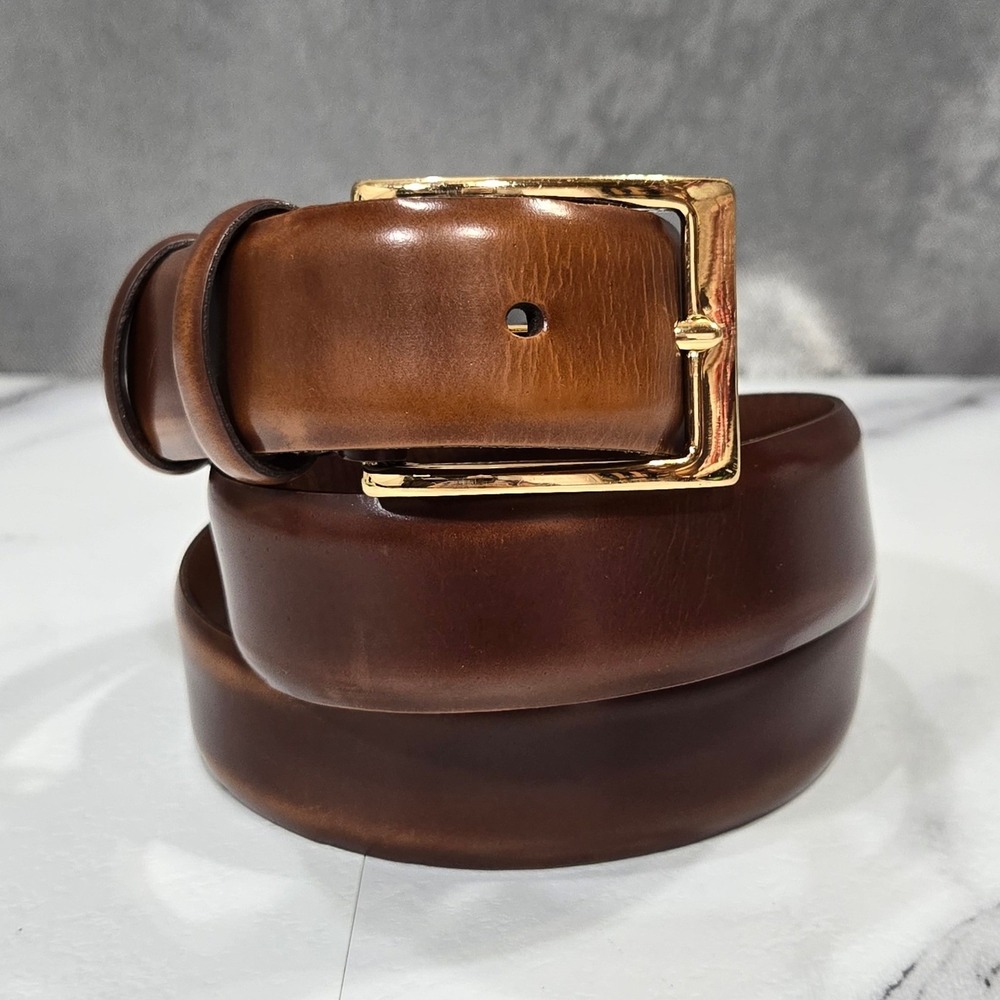 Cole Haan Belt Mens 34 Brown Leather Solid Brass Buckle Made USA Classic Dress